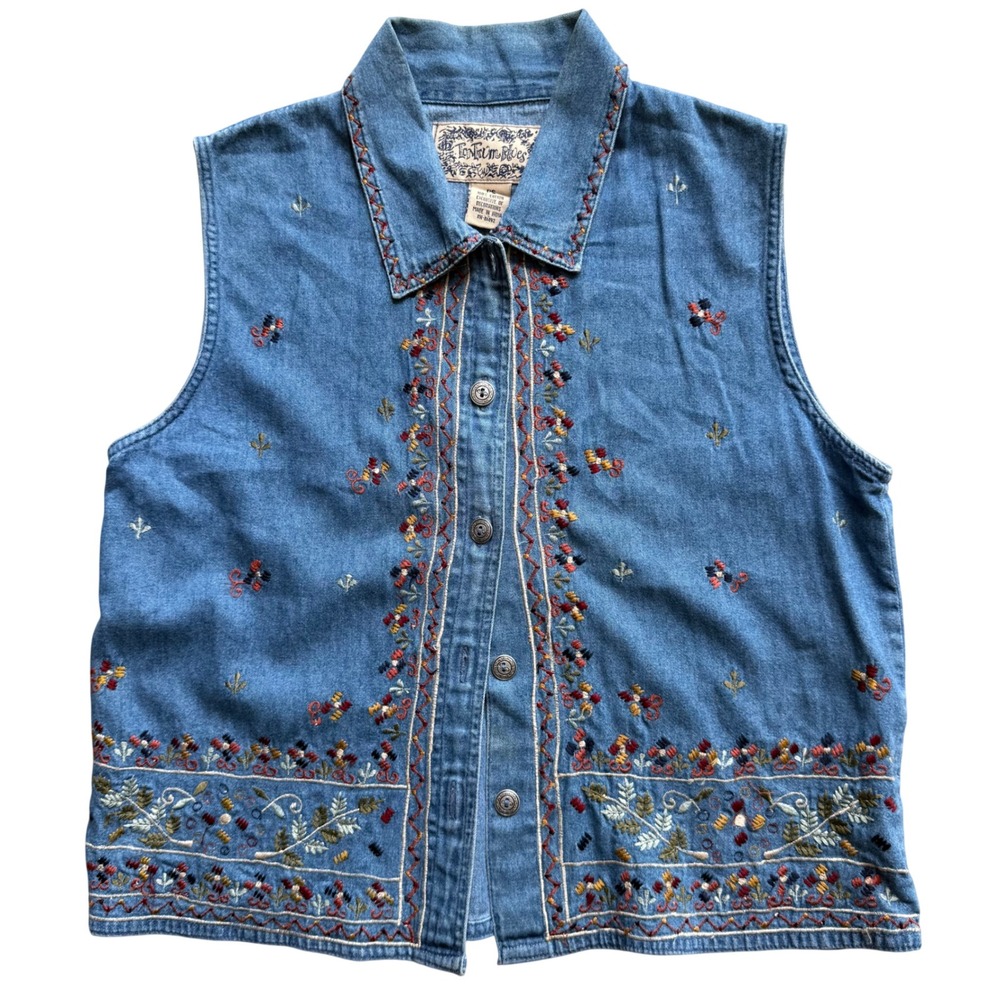 Embroidered Denim Vest Womens PS Blue Floral Boho VTG 90s Festival Cottagecore